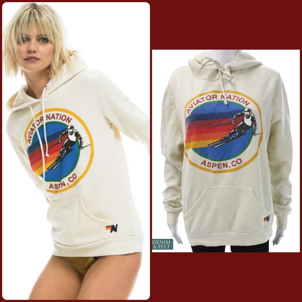Aviator‎ Nation Ski Logo Hoodie Cream Rainbow Surf Luxe California Pullover LG